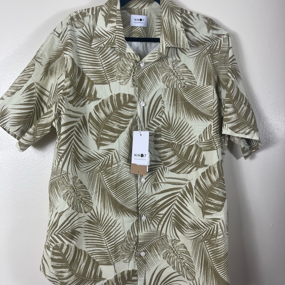 NNO7 No Nationality Button Up Gray ShortSleeve Men'Tropical Leaf Print Shirt XXL - Picture 4 of 9